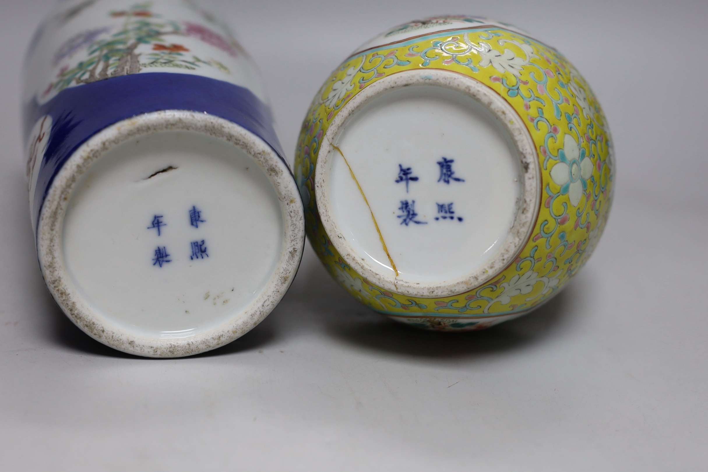 Two late 19th century Chinese porcelain vases, 31cm high, a/f